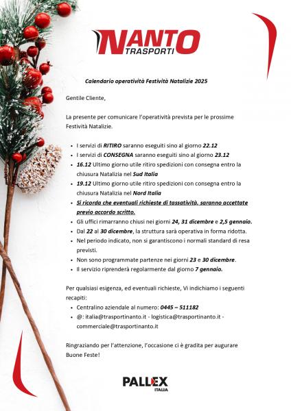 CALENDARIO OPERATIVITA' DICEMBRE 2025