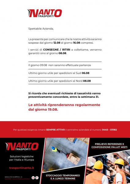 CALENDARIO OPERATIVITA' AGOSTO 2024